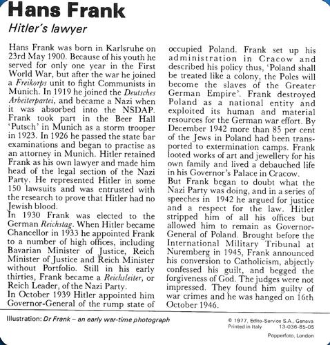 1977 Edito-Service World War II - Deck 85 #13-036-85-05 Hans Frank Back