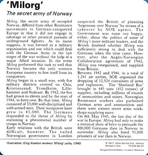 1977 Edito-Service World War II - Deck 85 #13-036-85-07 'Milorg' Back