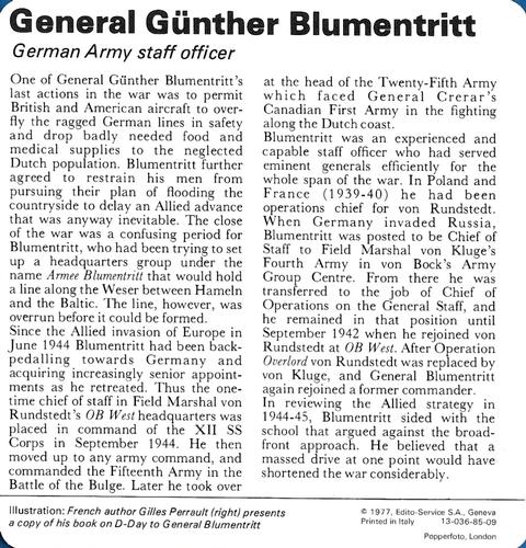 1977 Edito-Service World War II - Deck 85 #13-036-85-09 General Gunther Blumentritt Back