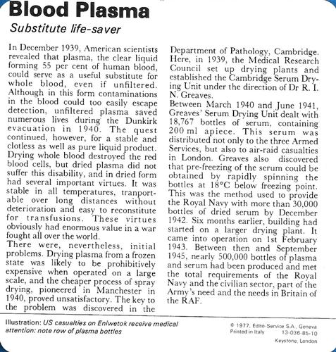 1977 Edito-Service World War II - Deck 85 #13-036-85-10 Blood Plasma Back