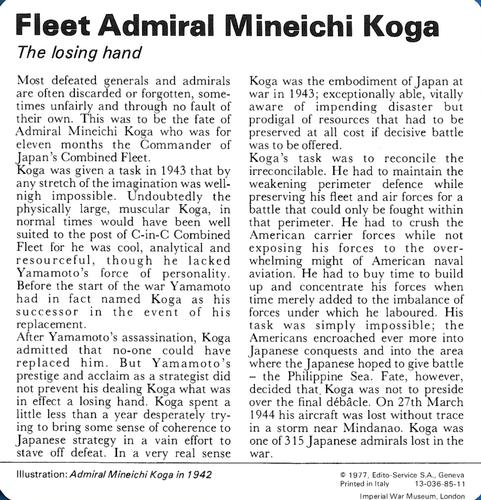 1977 Edito-Service World War II - Deck 85 #13-036-85-11 Fleet Admiral Mineichi Koga Back