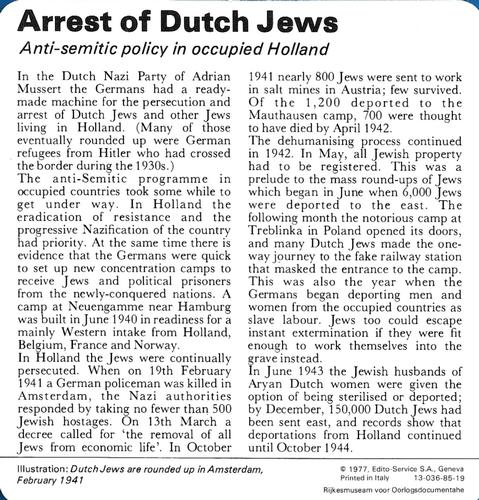 1977 Edito-Service World War II - Deck 85 #13-036-85-19 Arrest of Dutch Jews Back