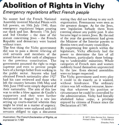 1977 Edito-Service World War II - Deck 85 #13-036-85-23 Abolition of Rights in Vichy Back