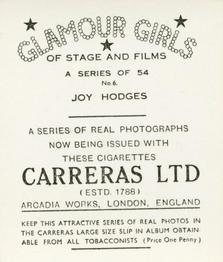 1939 Carreras Glamour Girls of Stage and Films (Medium) #6 Joy Hodges Back