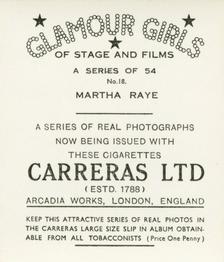 1939 Carreras Glamour Girls of Stage and Films (Small) #18 Martha Raye Back