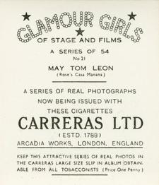 1939 Carreras Glamour Girls of Stage and Films (Medium) #21 May Tom Leon Back