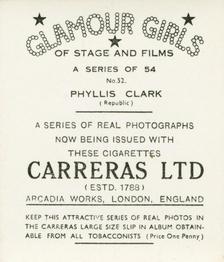1939 Carreras Glamour Girls of Stage and Films (Medium) #52 Phyllis Clark Back