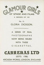 1939 Carreras Glamour Girls of Stage and Films (Large) #15 Gloria Dickson Back