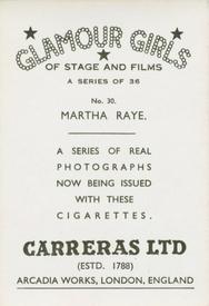 1939 Carreras Glamour Girls of Stage and Films (Large) #30 Martha Raye Back