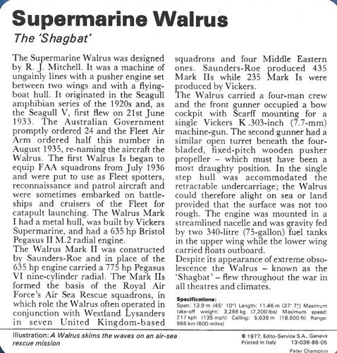 1977 Edito-Service World War II - Deck 86 #13-036-86-05 Supermarine Walrus Back