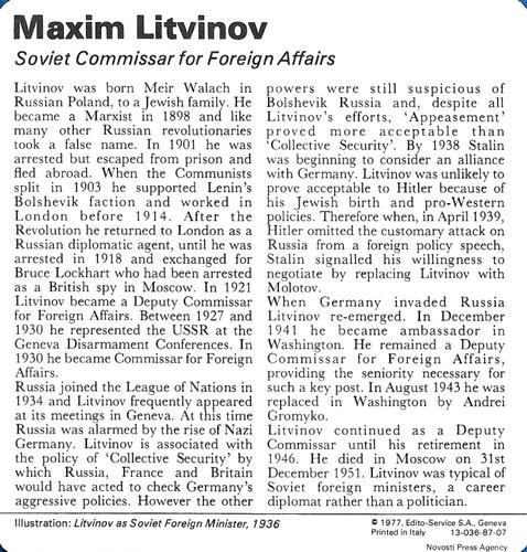 1977 Edito-Service World War II - Deck 87 #13-036-87-07 Maxim Litvinov Back