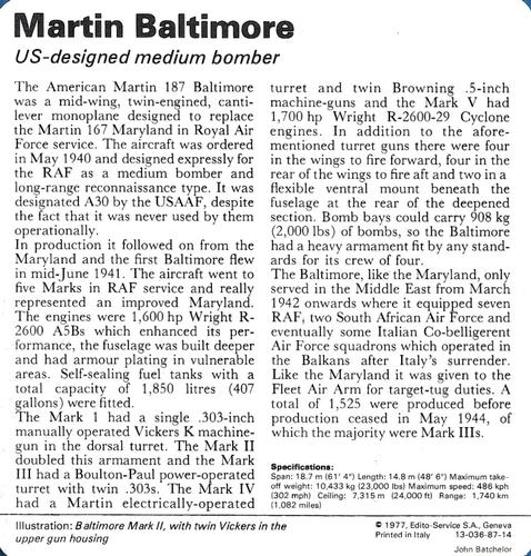 1977 Edito-Service World War II - Deck 87 #13-036-87-14 Martin Baltimore Back
