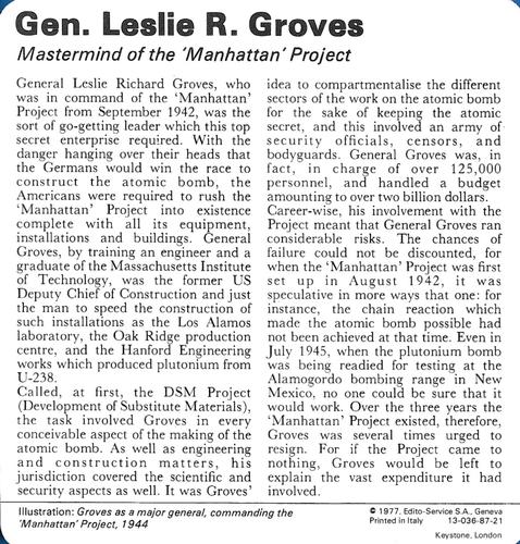 1977 Edito-Service World War II - Deck 87 #13-036-87-21 General Leslie R. Groves Back
