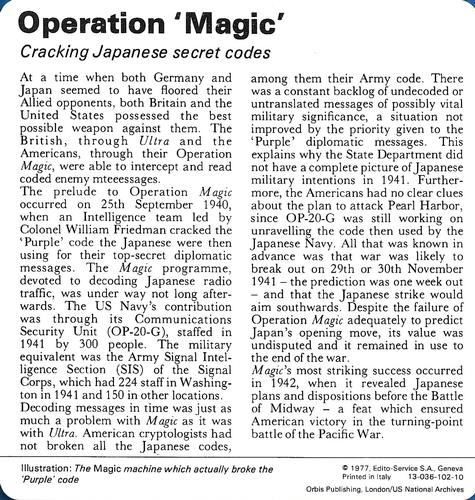 1977 Edito-Service World War II - Deck 102 #13-036-102-10 Operation 'Magic' Back