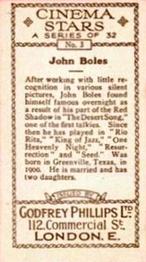 1930 Godfrey Phillips Cinema Stars (B&W) #3 John Boles Back