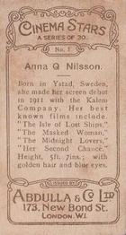 1930 Abdulla Cinema Stars (Brown) #1 Anna Q. Nilsson Back