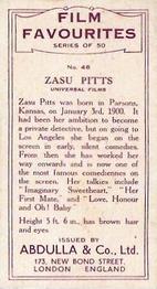 1934 Abdulla Film Favorites #48 Zasu Pitts Back