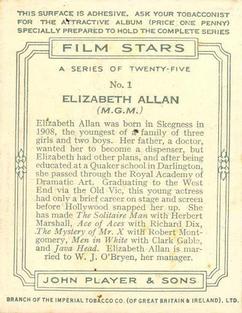 1934 Player's Film Stars (Large) #1 Elizabeth Allan Back