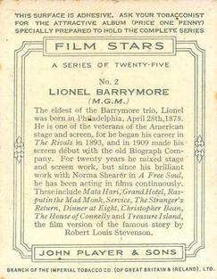 1934 Player's Film Stars (Large) #2 Lionel Barrymore Back