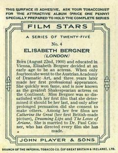 1934 Player's Film Stars (Large) #4 Elisabeth Bergner Back
