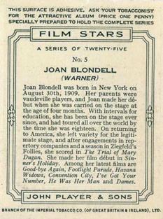 1934 Player's Film Stars (Large) #5 Joan Blondell Back