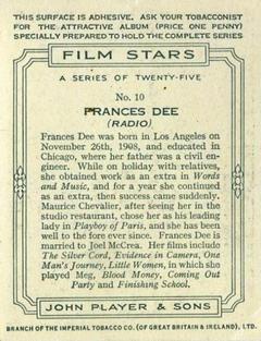 1934 Player's Film Stars (Large) #10 Frances Dee Back