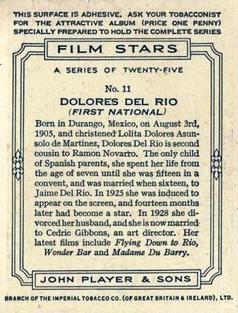 1934 Player's Film Stars (Large) #11 Dolores Del Rio Back