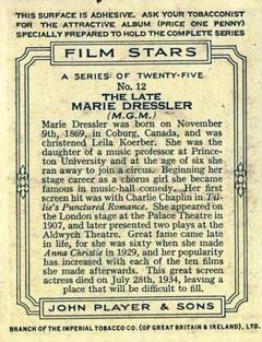 1934 Player's Film Stars (Large) #12 Marie Dressler Back