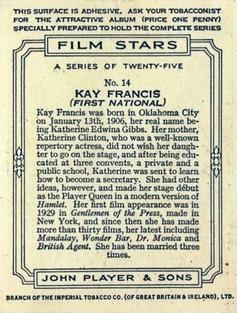 1934 Player's Film Stars (Large) #14 Kay Francis Back