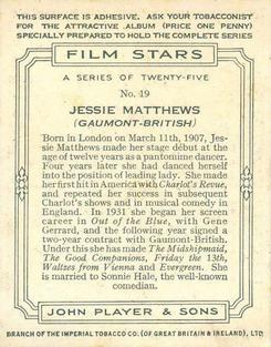 1934 Player's Film Stars (Large) #19 Jessie Matthews Back