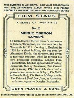1934 Player's Film Stars (Large) #20 Merle Oberon Back