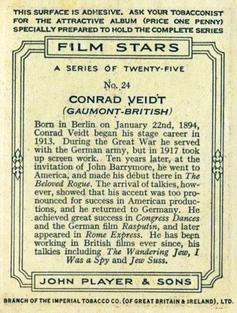1934 Player's Film Stars (Large) #24 Conrad Veidt Back