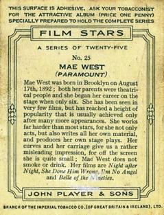 1934 Player's Film Stars (Large) #25 Mae West Back