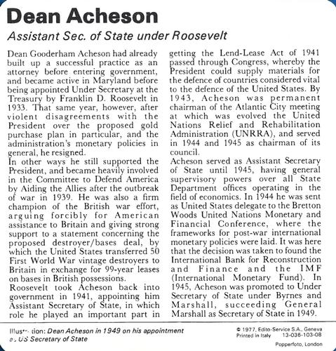 1977 Edito-Service World War II - Deck 103 #13-036-103-08 Dean Acheson Back