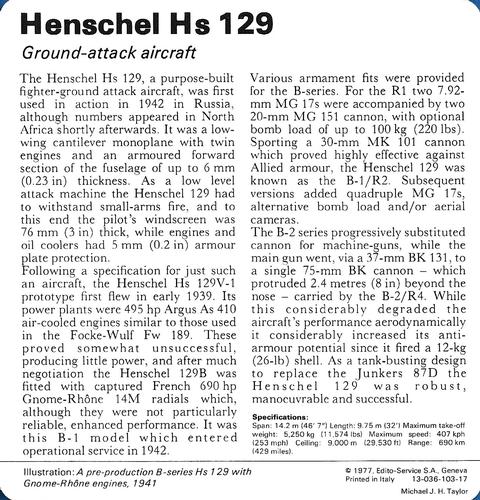 1977 Edito-Service World War II - Deck 103 #13-036-103-17 Henschel Hs 129 Back