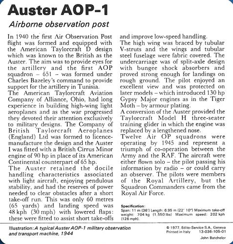 1977 Edito-Service World War II - Deck 105 #13-036-105-01 Auster AOP-1 Back