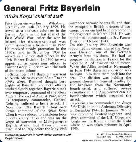 1977 Edito-Service World War II - Deck 105 #13-036-105-04 General Fritz Bayerlein Back