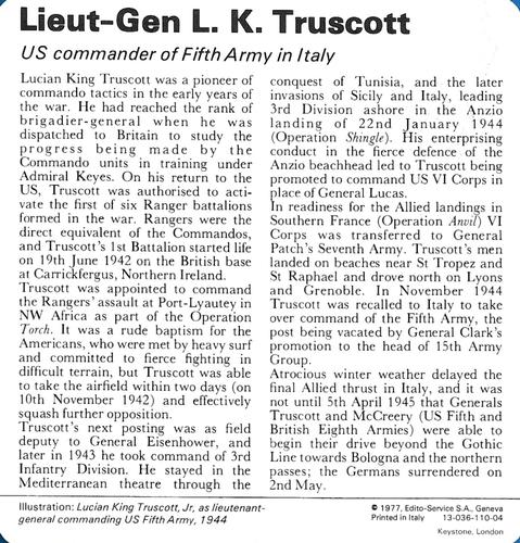 1977 Edito-Service World War II - Deck 110 #13-036-110-04 Lieut- General L. K. Truscott Back