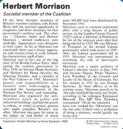 1977 Edito-Service World War II - Deck 110 #13-036-110-15 Herbert Morrison Back