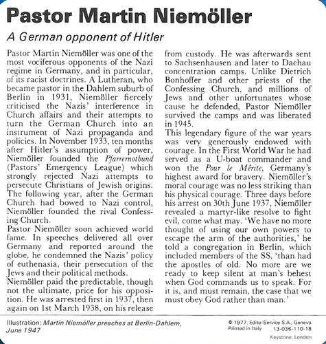1977 Edito-Service World War II - Deck 110 #13-036-110-18 Pastor Martin Niemoller Back
