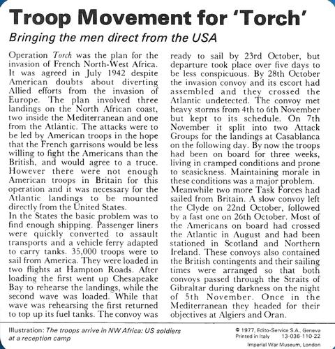 1977 Edito-Service World War II - Deck 110 #13-036-110-22 Troop Movement for 'Torch' Back