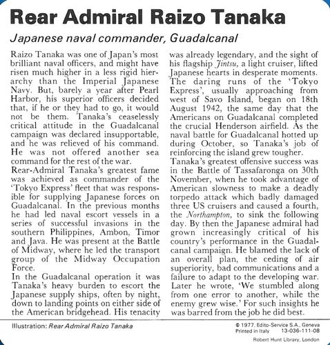 1977 Edito-Service World War II - Deck 111 #13-036-111-08 Rear Admiral Raizo Tanaka Back