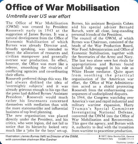 1977 Edito-Service World War II - Deck 111 #13-036-111-11 Office of War Mobilisation Back