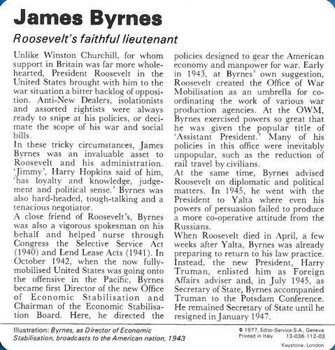 1977 Edito-Service World War II - Deck 112 #13-036-112-03 James Byrnes Back