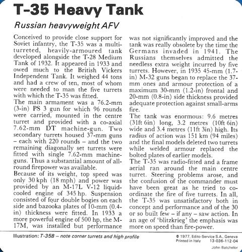 1977 Edito-Service World War II - Deck 112 #13-036-112-04 T-35 Heavy Tank Back