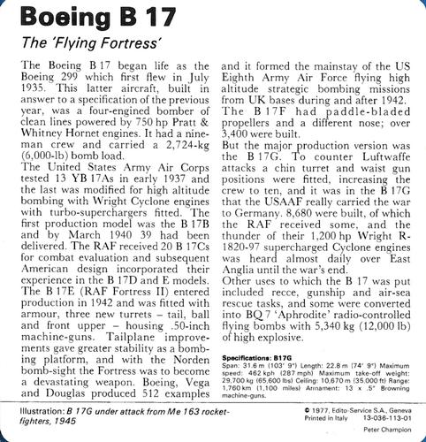 1977 Edito-Service World War II - Deck 113 #13-036-113-01 Boeing B 17 Back