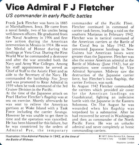 1977 Edito-Service World War II - Deck 113 #13-036-113-05 Vice Admiral F J Fletcher Back