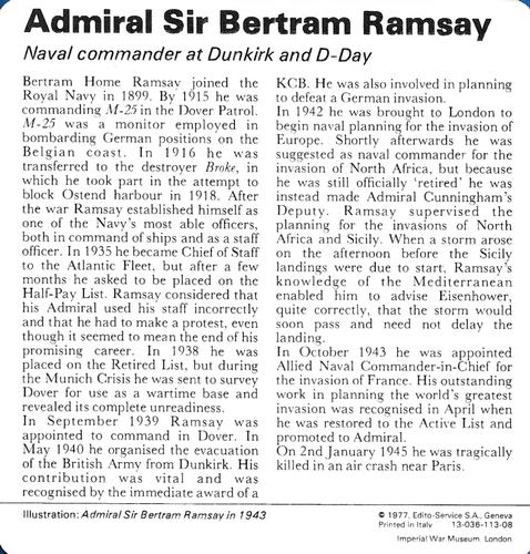 1977 Edito-Service World War II - Deck 113 #13-036-113-08 Admiral Sir Bertram Ramsay Back