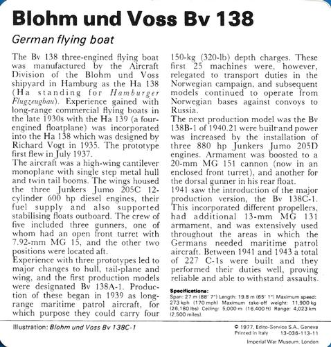 1977 Edito-Service World War II - Deck 113 #13-036-113-11 Blohm und Voss Bv 138 Back