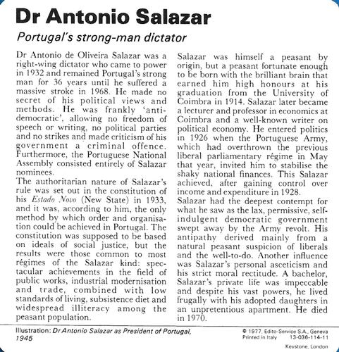 1977 Edito-Service World War II - Deck 114 #13-036-114-11 Dr Antonio Salazar Back